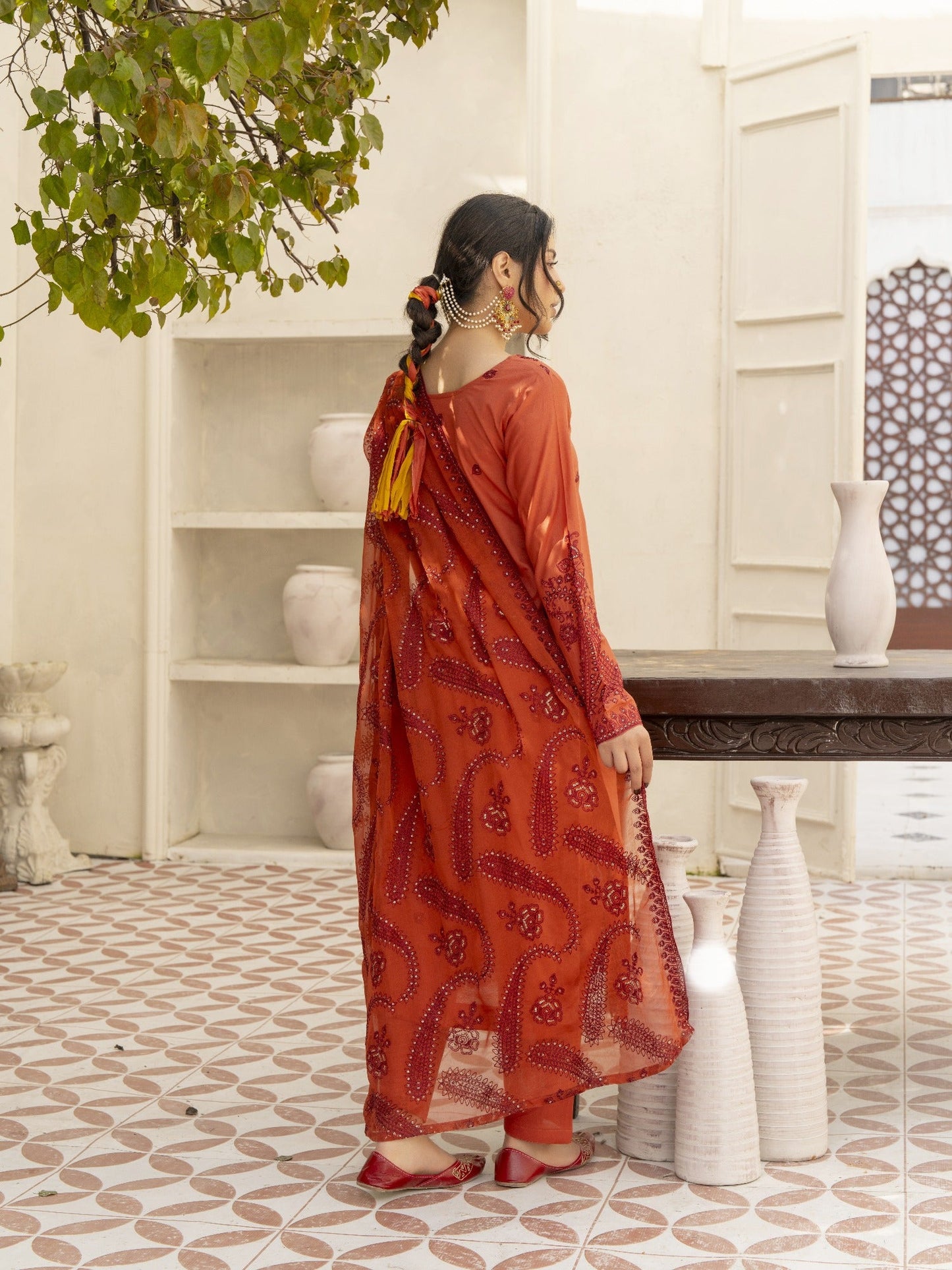 Coral-Noori lawn Embroidered Stitched 3-Piece Suit-MLSS26101