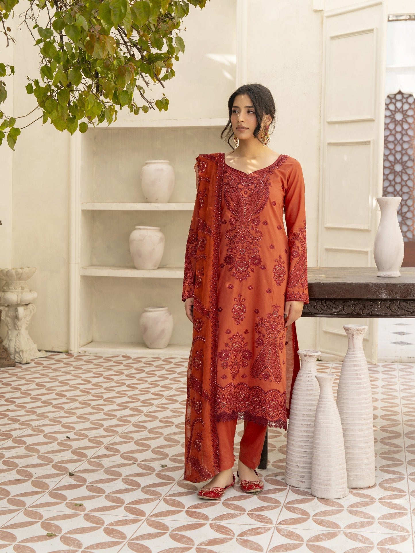 Coral-Noori lawn Embroidered Stitched 3-Piece Suit-MLSS26101