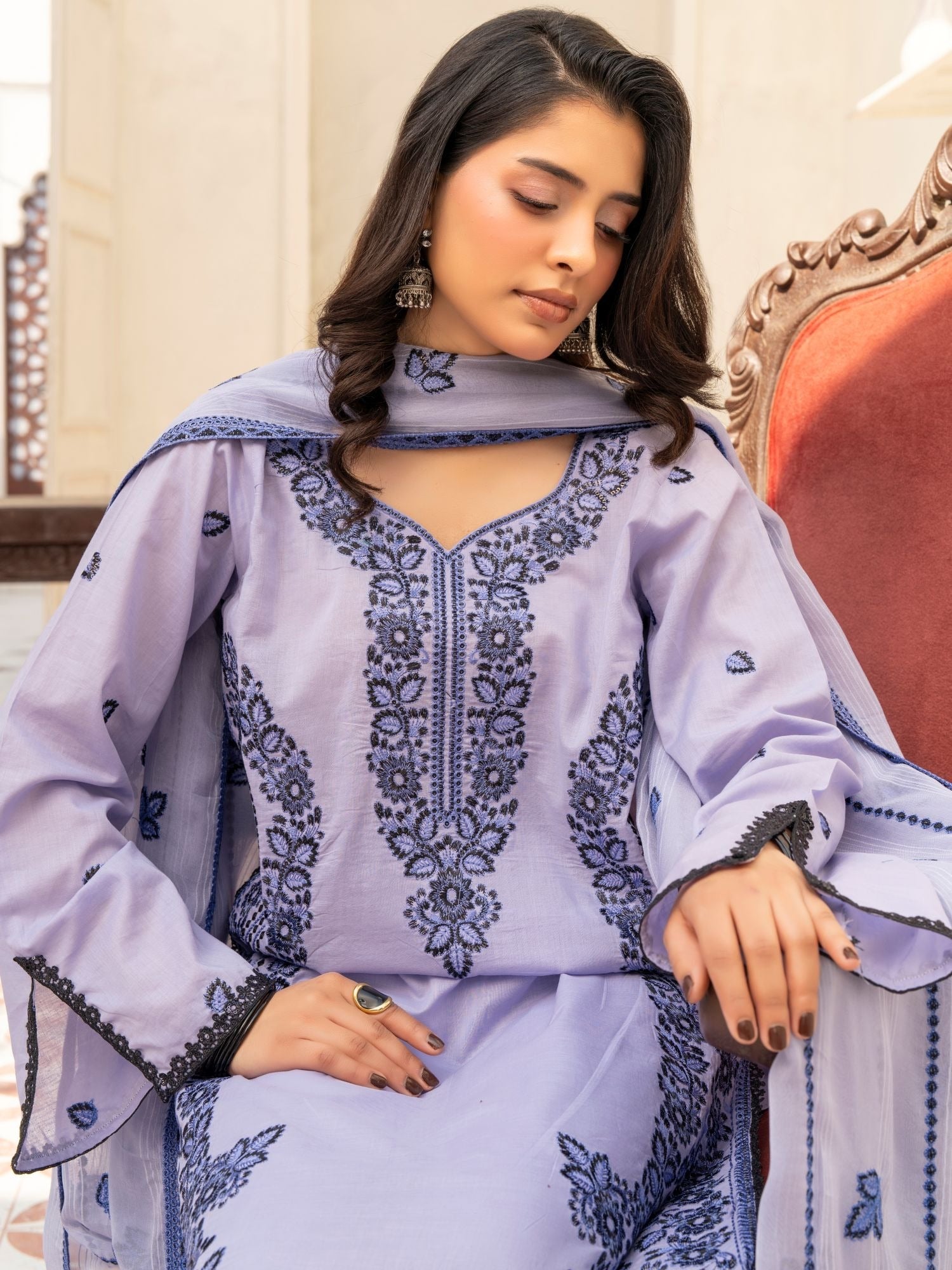 Lilac-Noori Lawn Embroidered Stitched 3-Piece Suit-LSL26102