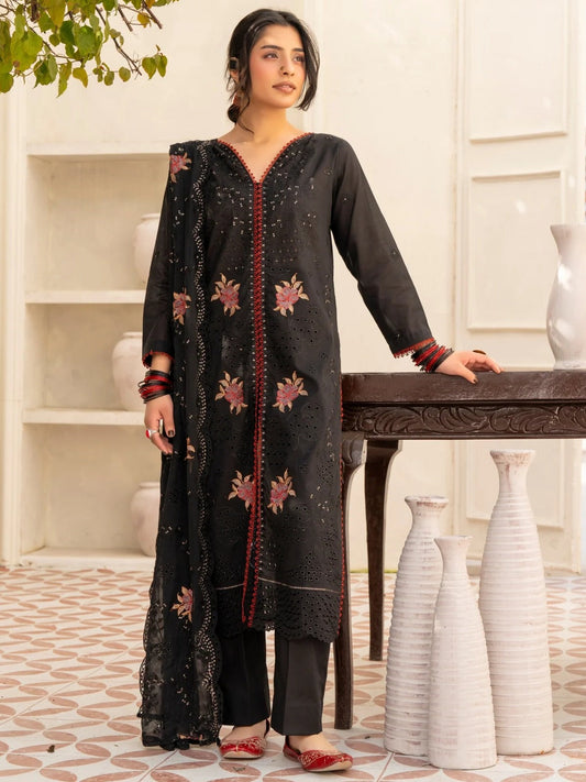 Black-Noori Lawn Embroidered Stitched 3-Piece Suit-BLS26103