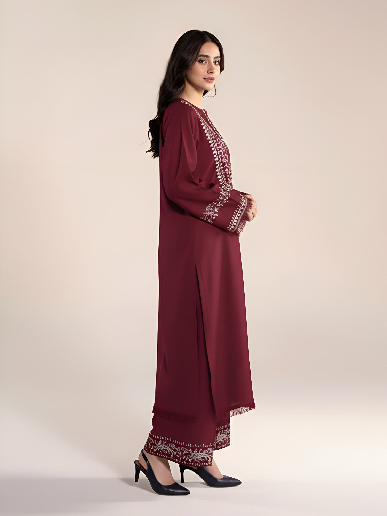 Maroon Ayat Closet Linen Embroidered Stitched 2-Piece Suit-Blossom