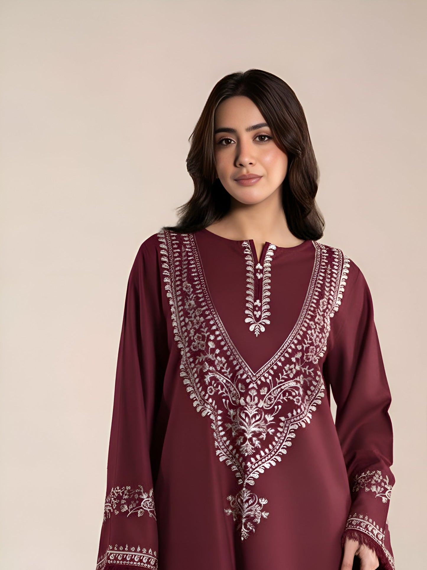 Maroon Ayat Closet Linen Embroidered Stitched 2-Piece Suit-Blossom