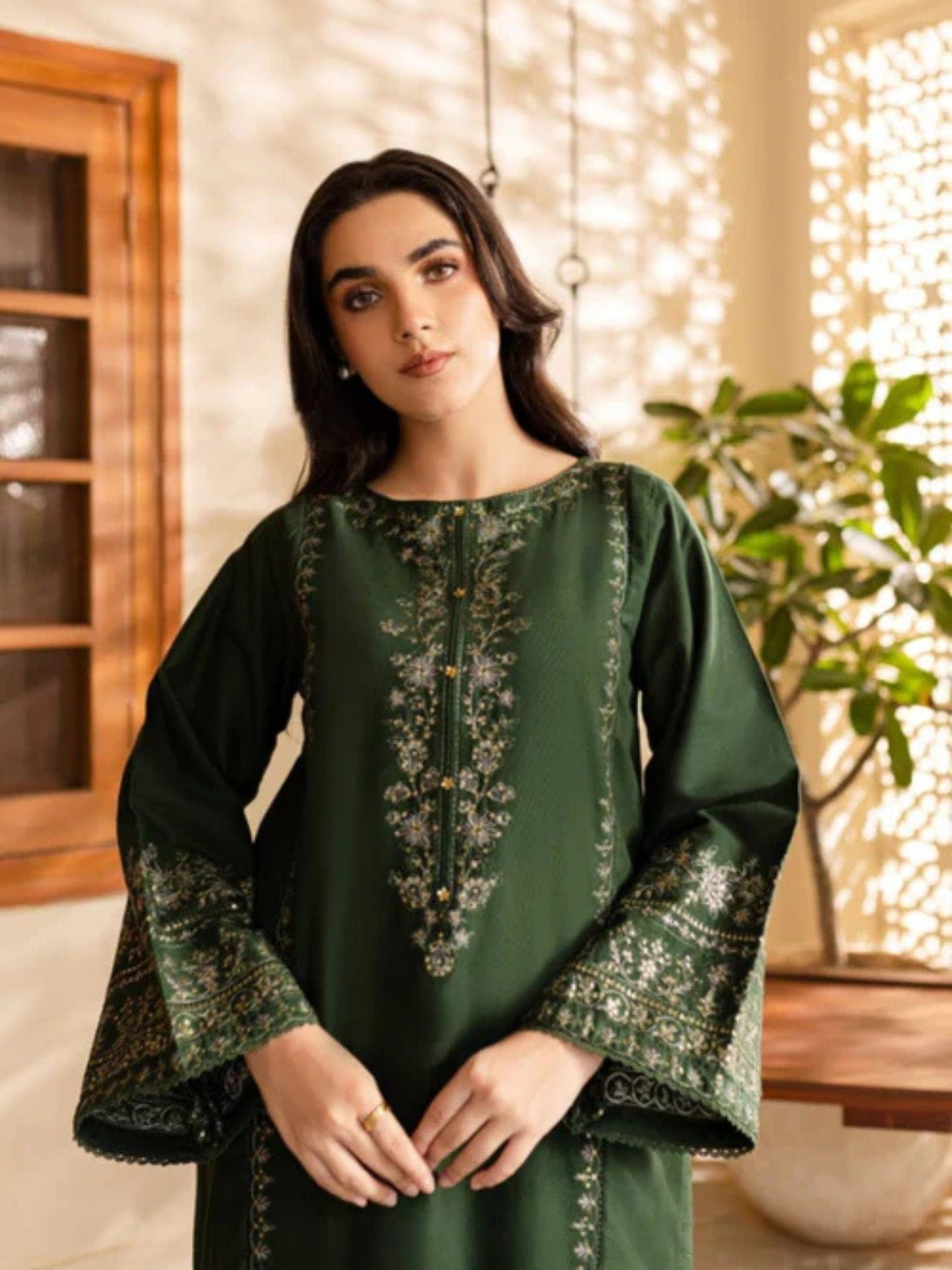 Ayat Closet Linen Embroidered Stitched 2-Piece Suit-Olive Green – Taminzo