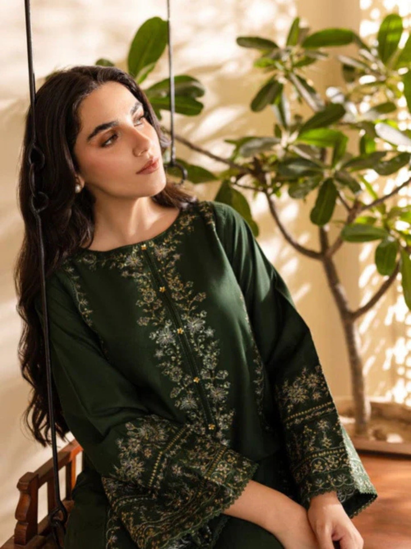 Green Ayat Closet Linen Embroidered Stitched 2-Piece Suit-Olive Green
