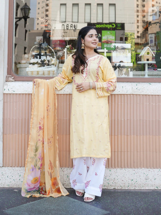 Yellow -Tawakal Closet Cotton Embroidered Stitched 3-Piece Suit-Lemon Blossom-TW4564