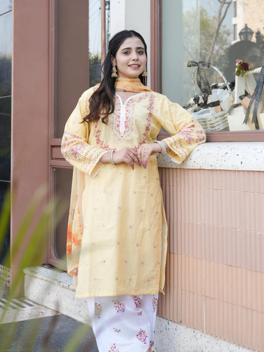 Yellow -Tawakal Closet Cotton Embroidered Stitched 3-Piece Suit-Lemon Blossom-TW4564