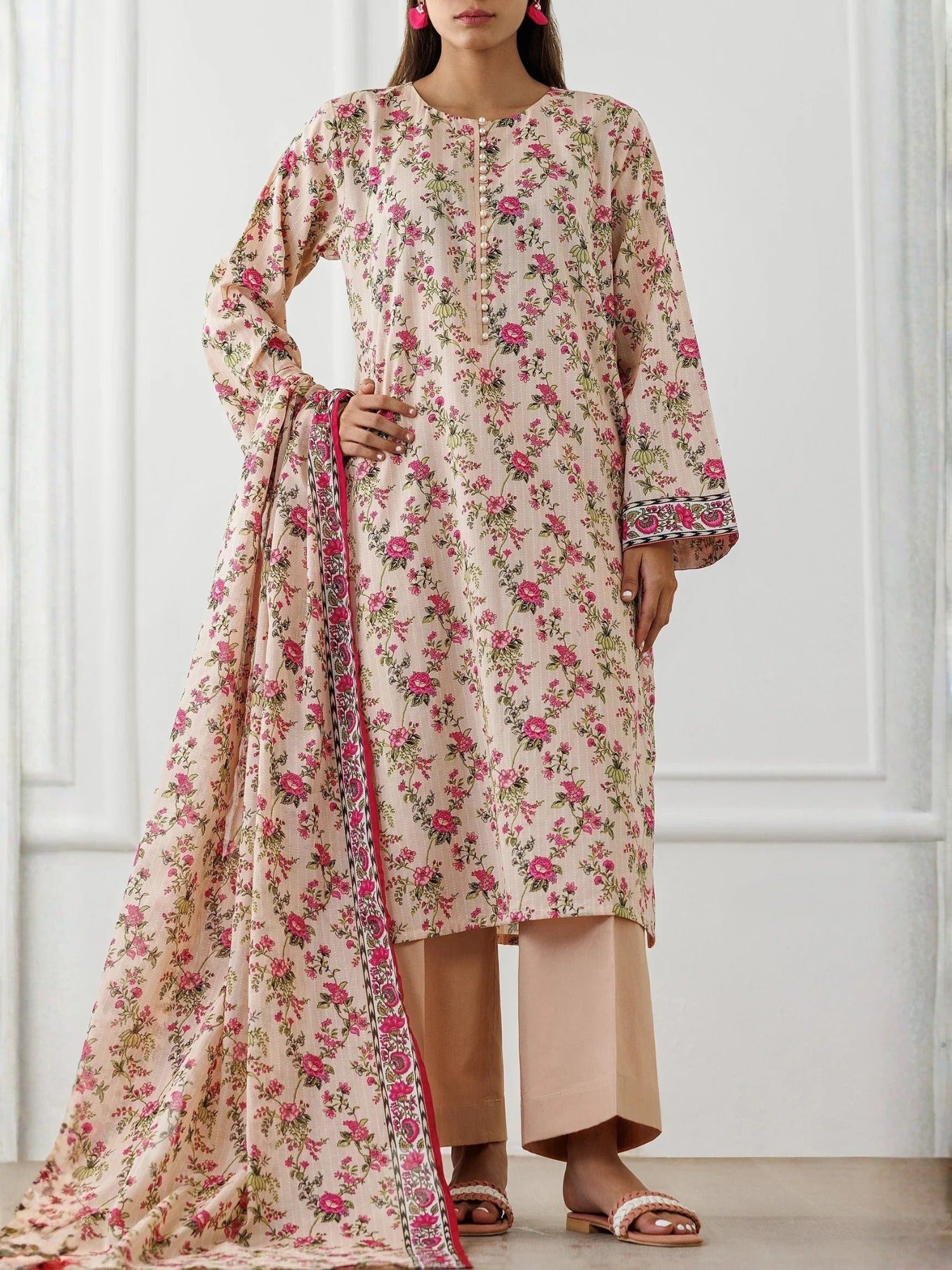 Peach-Orient Lawn Printed Unstitched 3-Piece Suit-OTL-25-319