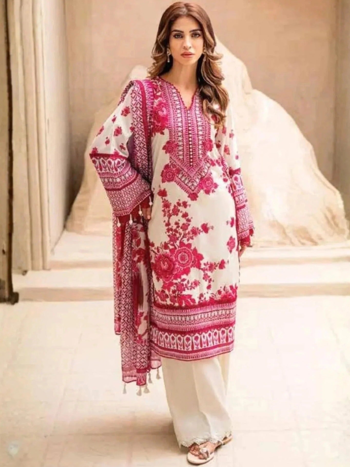 Pink and White-Gul Ahmed Lawn Printed Unstitched 3-Piece Suit-SD-42092