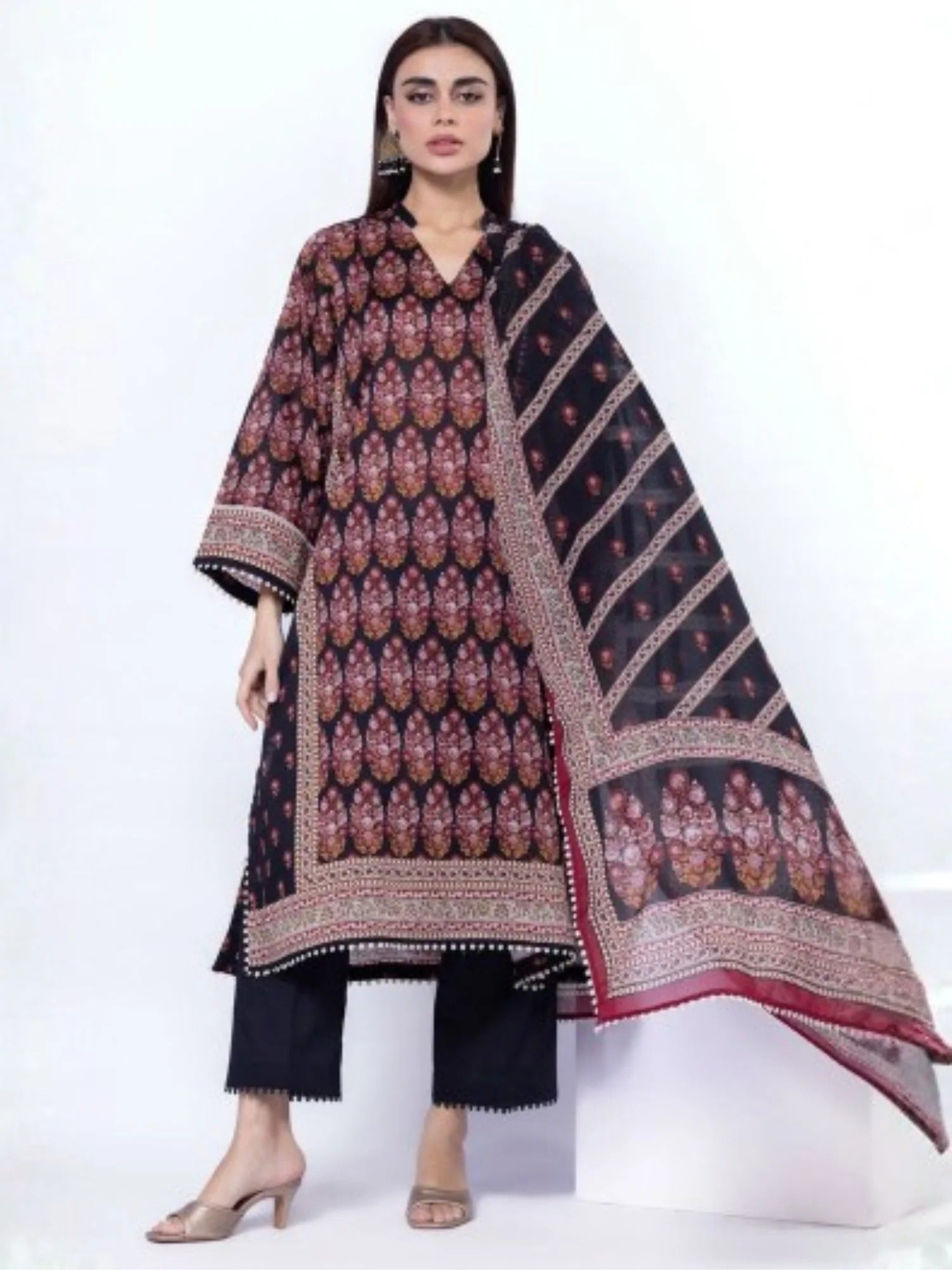 Black and Red-Khaadi Lawn Printed Unstitched 3-Piece Suit-SS2103B