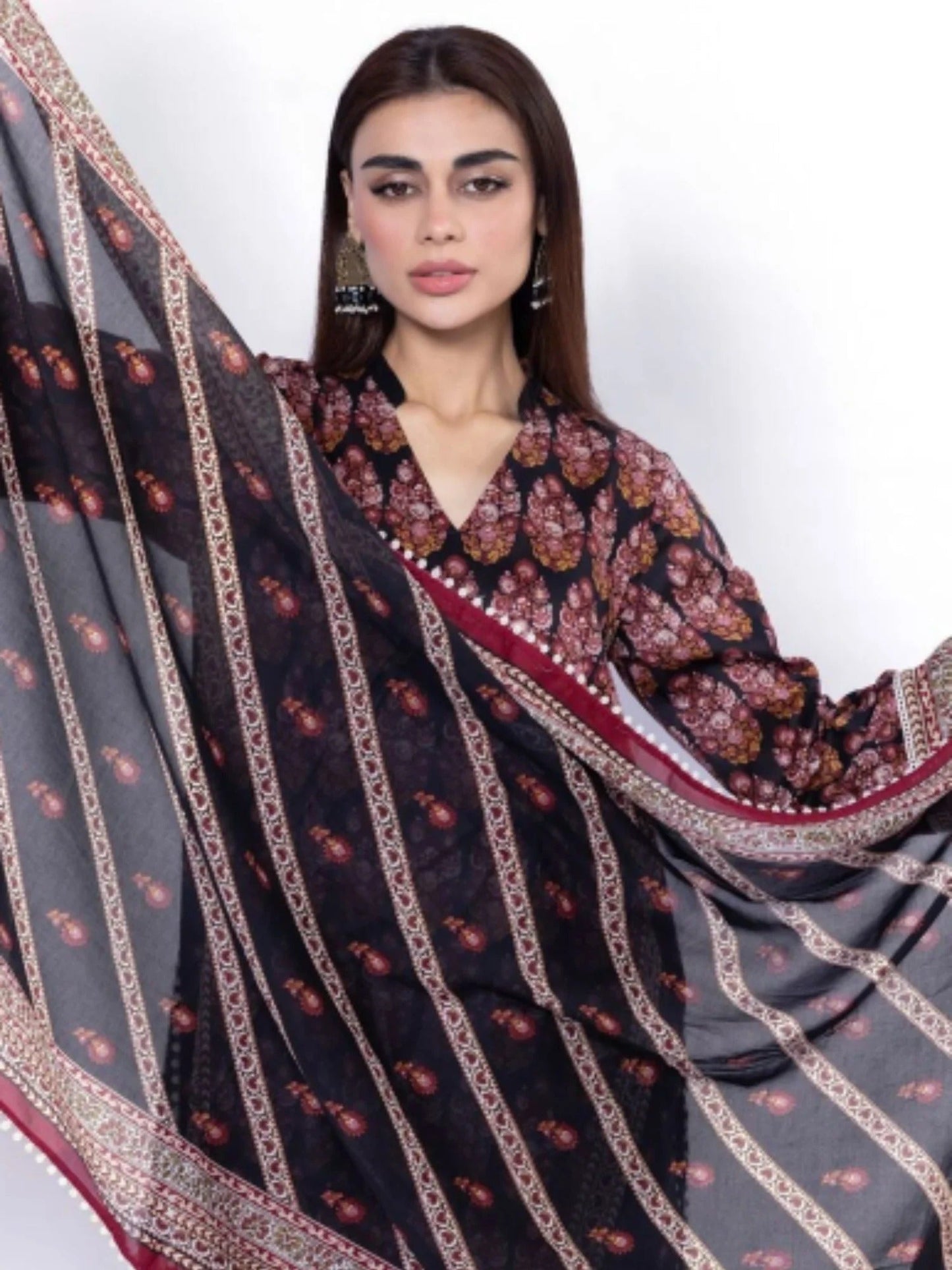 Black and Red-Khaadi Lawn Printed Unstitched 3-Piece Suit-SS2103B