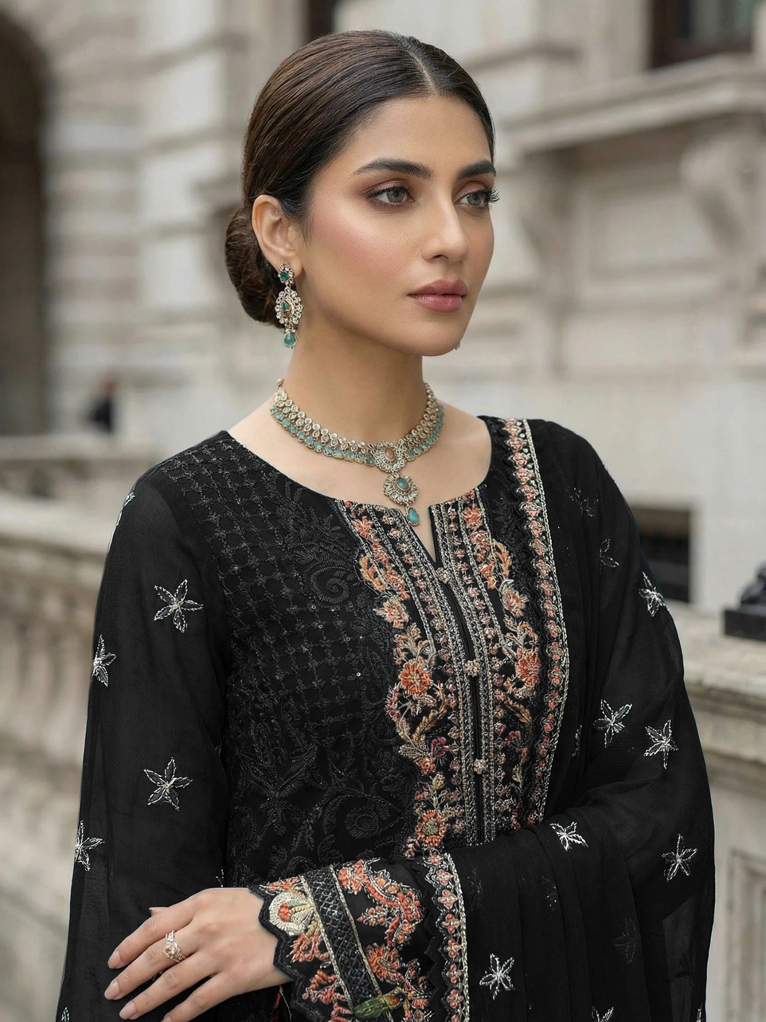 Black-Noori Chiffon Embellished Stitched 3-Piece Suit-BCE26011