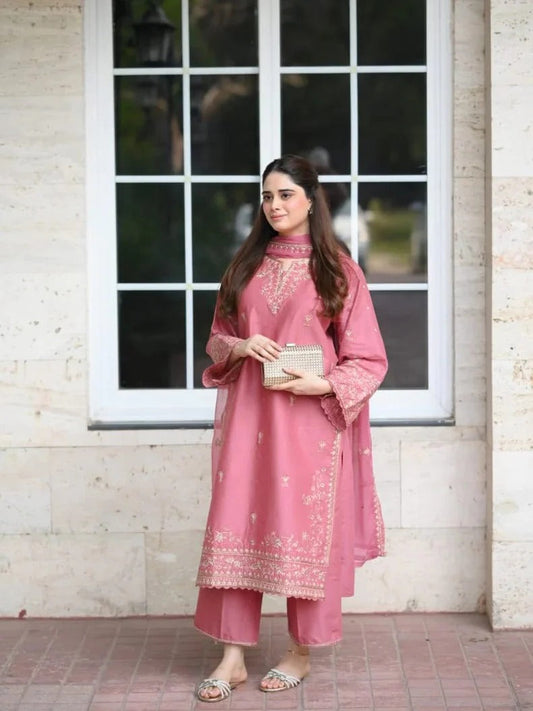 Shehroz Fashion Linen Embroidered Stitched 3-Piece Suit-Gul-e-Rose-Peach