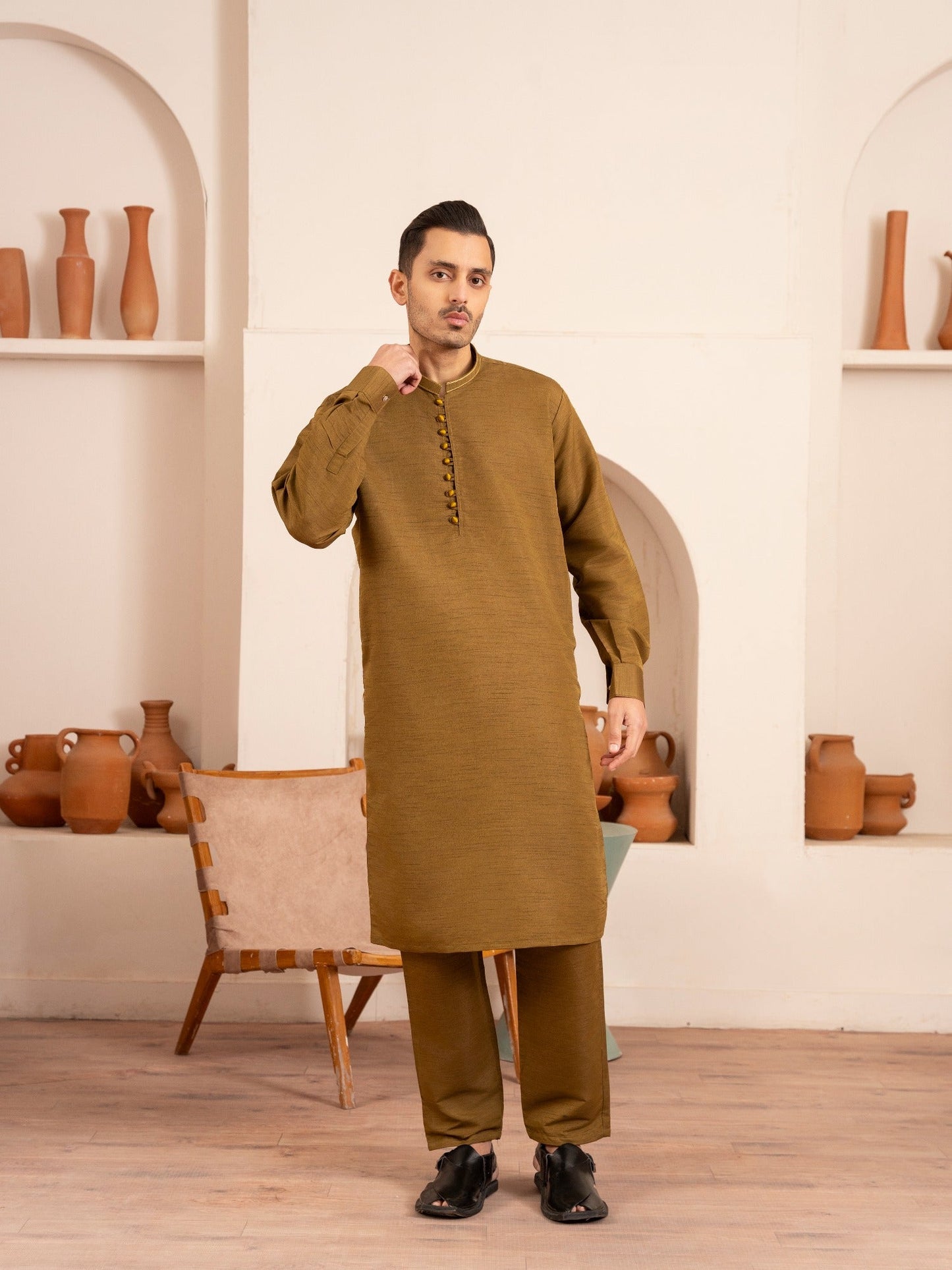 Brown-Dot N Dot Andaaz Silk Kurta Pajama-Kasim