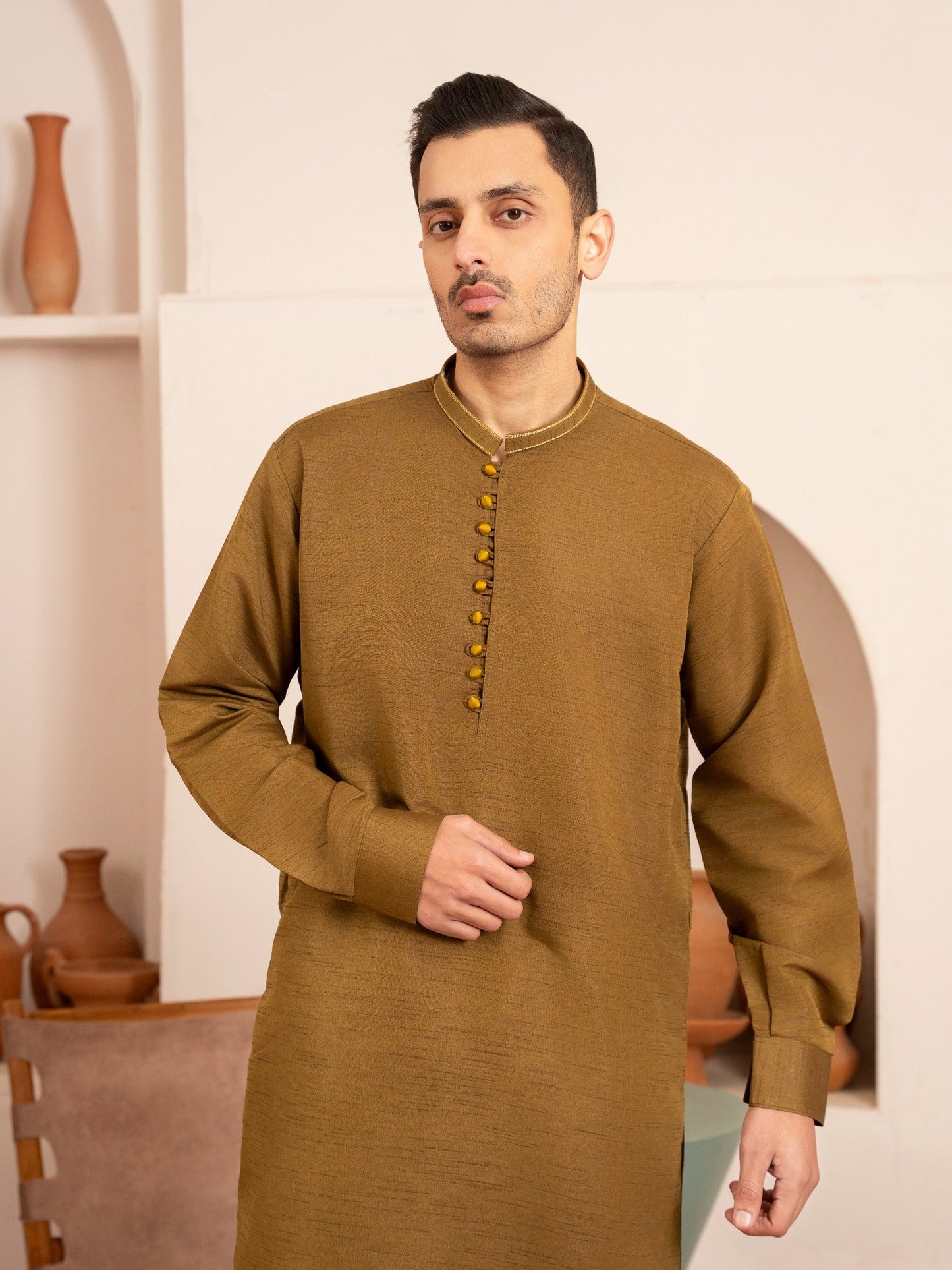 Brown-Dot N Dot Andaaz Silk Kurta Pajama-Kasim