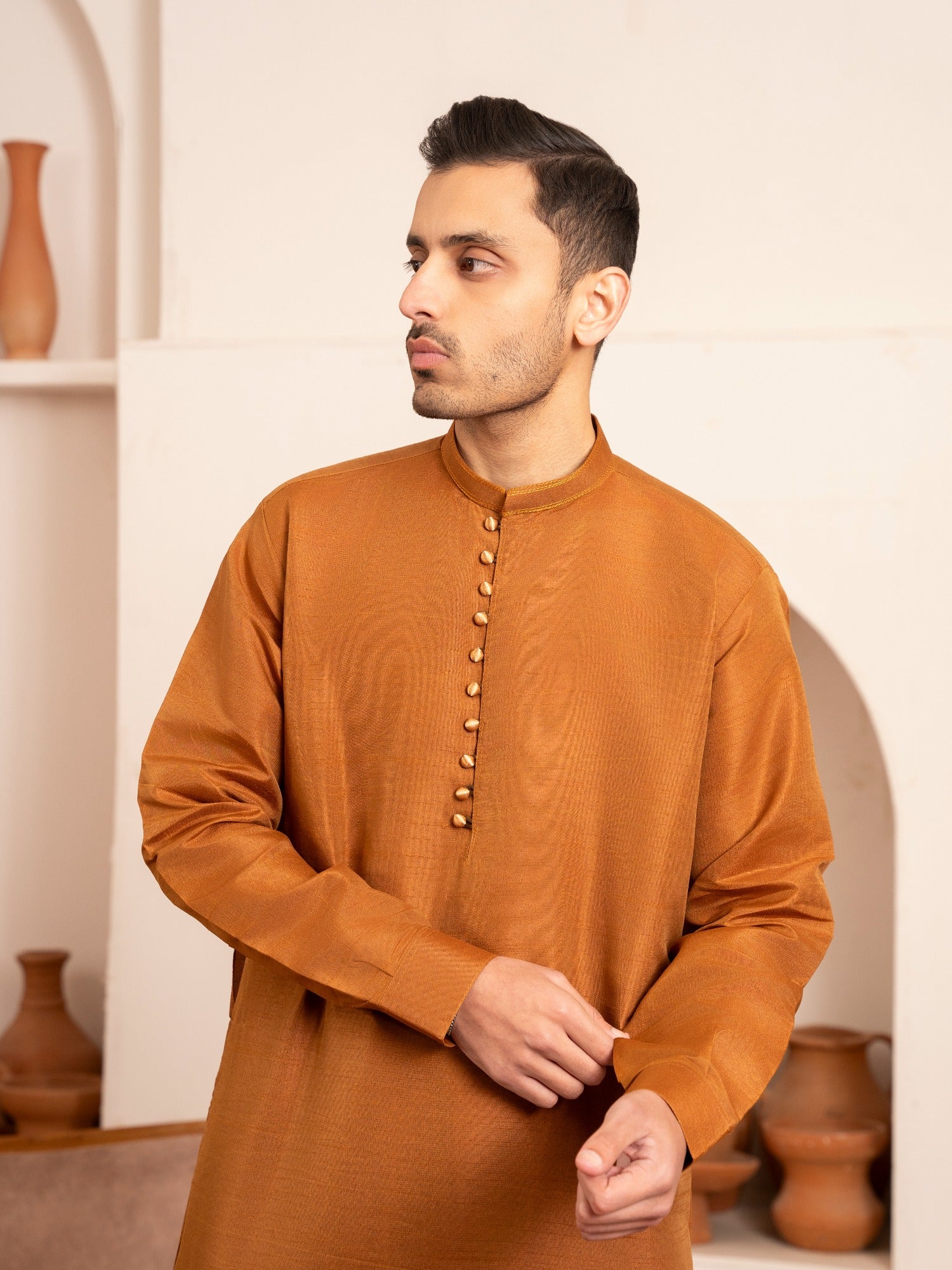 Orange-Dot N Dot Andaaz Silk Kurta Pajama-Sadik