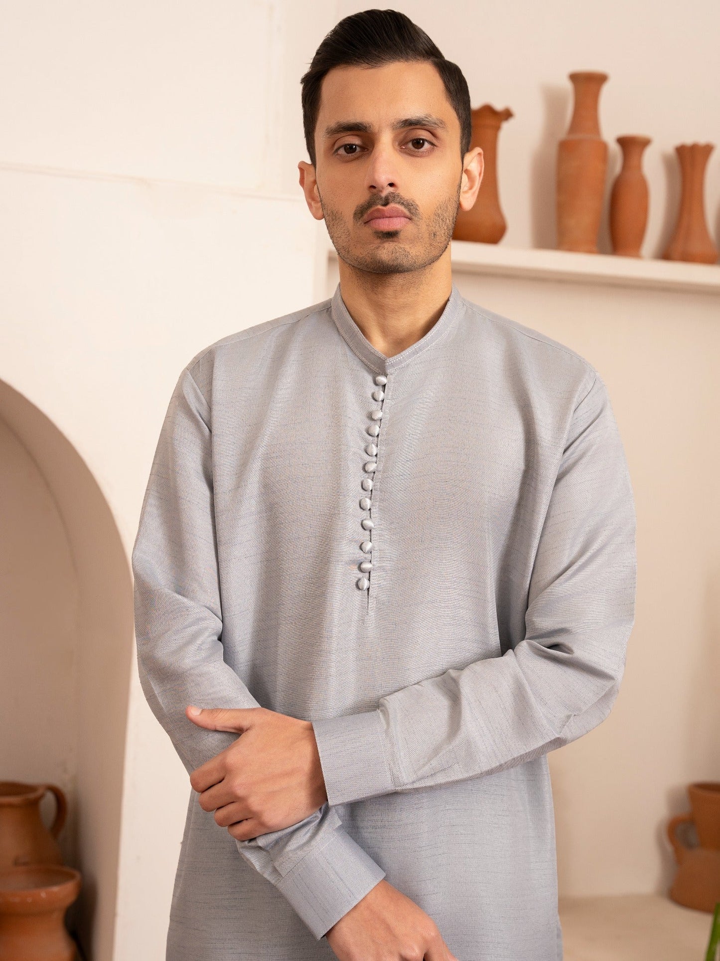 Grey-Dot N Dot Andaaz Silk Kurta Pajama-Myer
