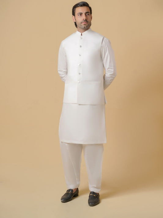 White-Dot N Dot Meeras Cotton Shalwar Kameez & Waistcoat Set-Harbor