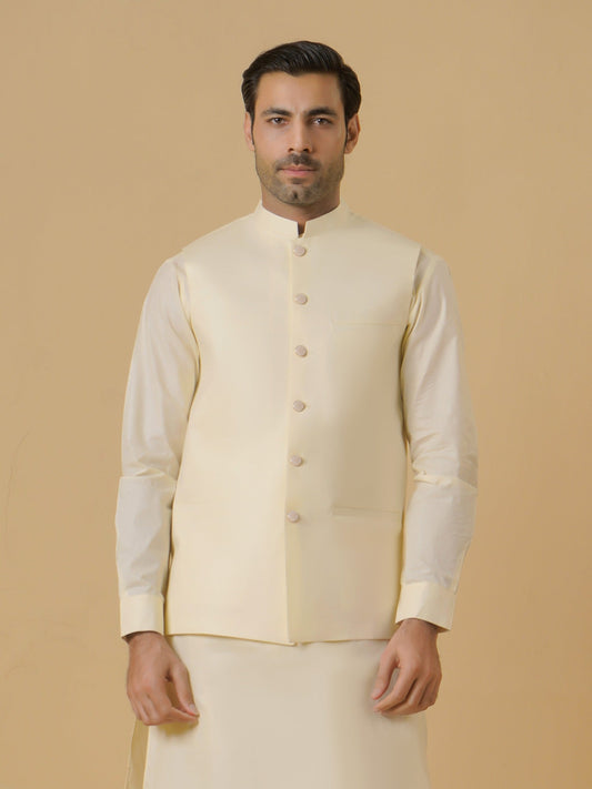 Cream-Dot N Dot Meeras Cotton Shalwar Kameez & Waistcoat Set-Legacy