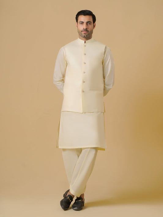 Cream-Dot N Dot Meeras Cotton Shalwar Kameez & Waistcoat Set-Legacy