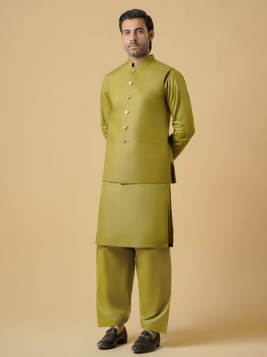 Olive green-Dot N Dot Meeras Cotton Shalwar Kameez & Waistcoat Set-Driftwood