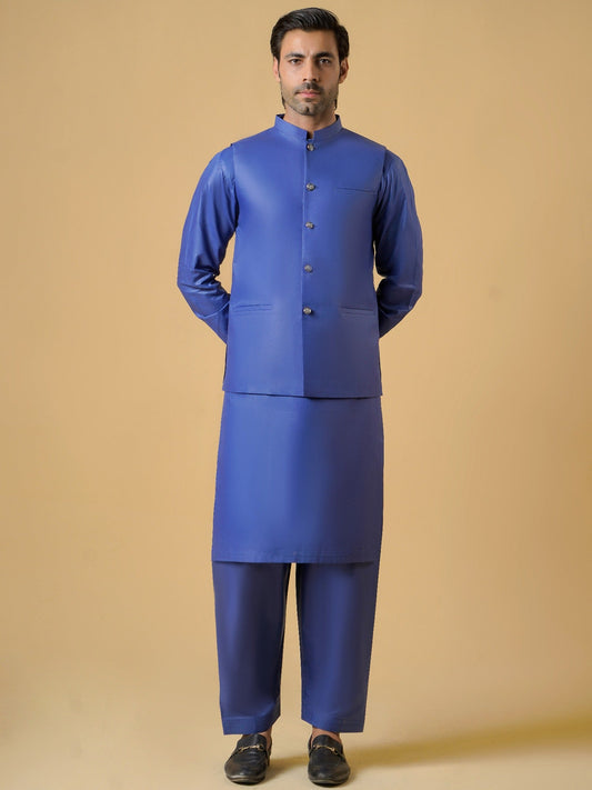 Blue-Dot N Dot Meeras Cotton Shalwar Kameez & Waistcoat Set-Cloudline