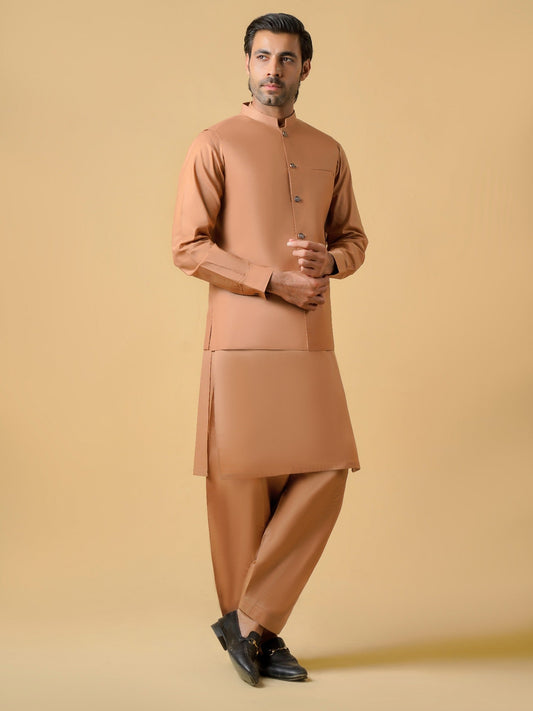 Brown-Dot N Dot Meeras Cotton Shalwar Kameez & Waistcoat Set-Voyager