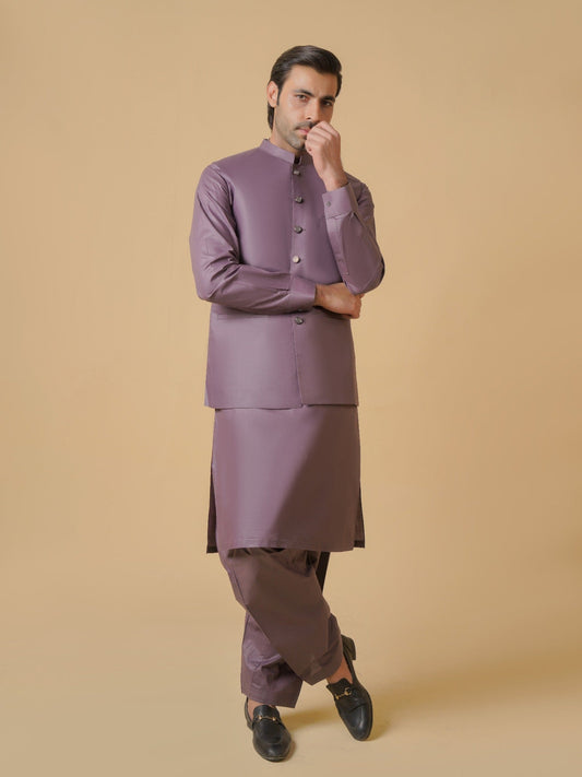 Purple-Dot N Dot Meeras Cotton Shalwar Kameez & Waistcoat Set-Nimbus