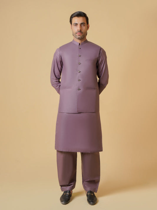 Purple-Dot N Dot Meeras Cotton Shalwar Kameez & Waistcoat Set-Nimbus