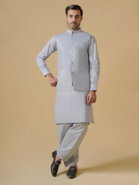 Grey-Dot N Dot Meeras Cotton Shalwar Kameez & Waistcoat Set-Breeze