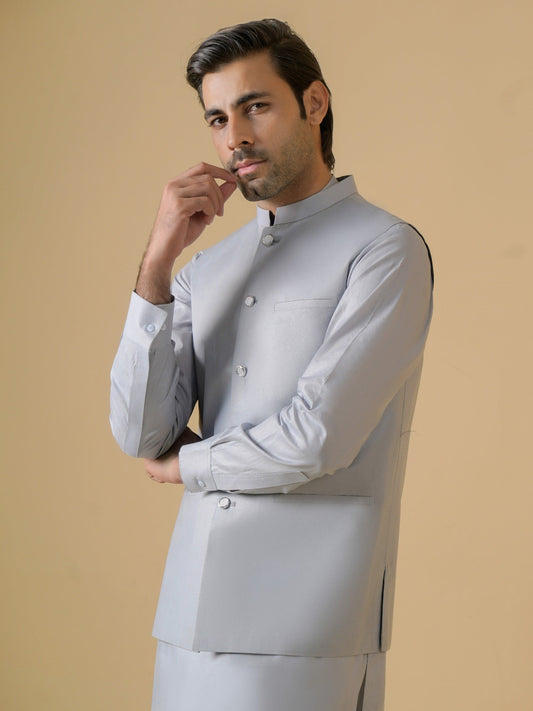 Grey-Dot N Dot Meeras Cotton Shalwar Kameez & Waistcoat Set-Breeze