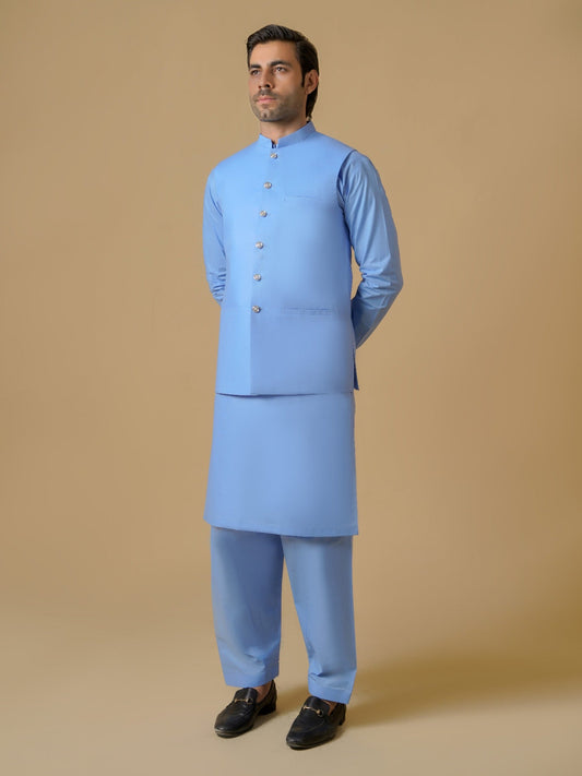 Blue-Dot N Dot Meeras Cotton Shalwar Kameez & Waistcoat Set-Summit
