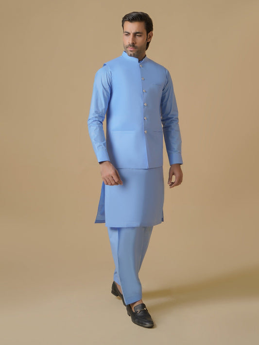 Blue-Dot N Dot Meeras Cotton Shalwar Kameez & Waistcoat Set-Summit