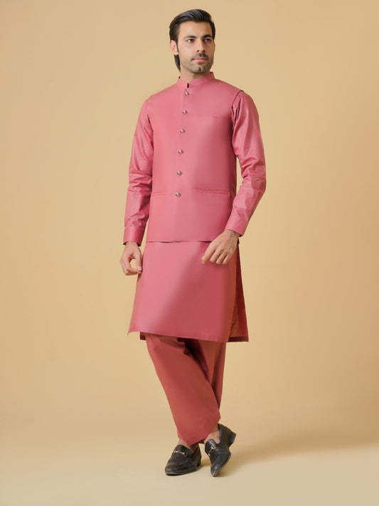 Pink-Dot N Dot Meeras Cotton Shalwar Kameez & Waistcoat Set-Echelon
