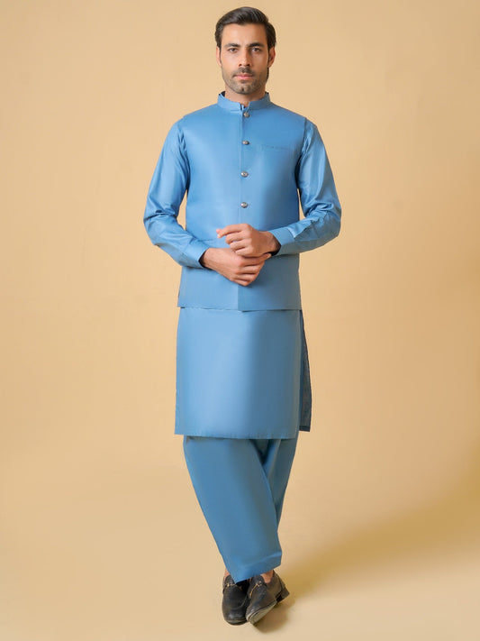 Blue-Dot N Dot Meeras Cotton Shalwar Kameez & Waistcoat Set-Aura