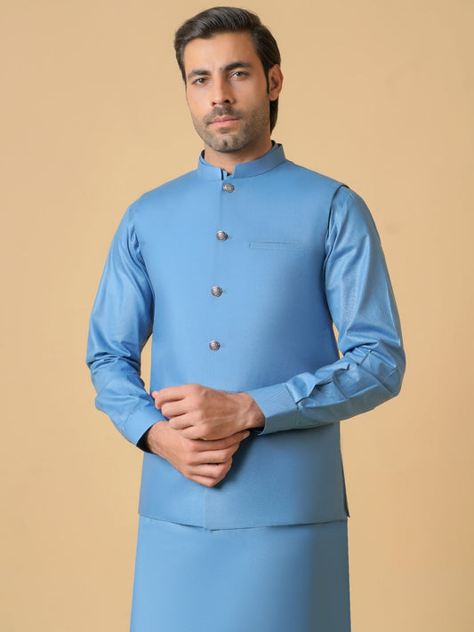 Blue-Dot N Dot Meeras Cotton Shalwar Kameez & Waistcoat Set-Aura