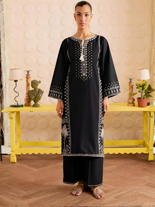 Black-Khubsurat Libas Linen Embroidered Stitched 2-Piece Suit-Black Elaf