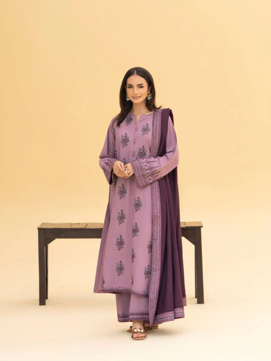 Pink-Khubsurat Libas Linen Embroidered Stitched 3-Piece Suit-Zoya