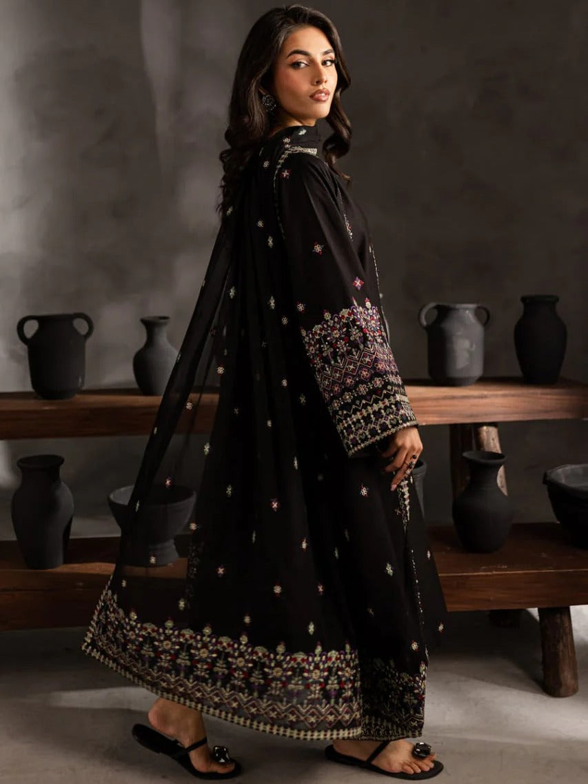 Black-Khubsurat Libas Linen Embroidered Stitched 3-Piece Suit-Black Horiya 