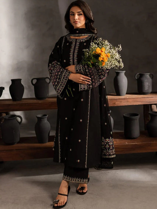 Black-Khubsurat Libas Linen Embroidered Stitched 3-Piece Suit-Black Horiya 