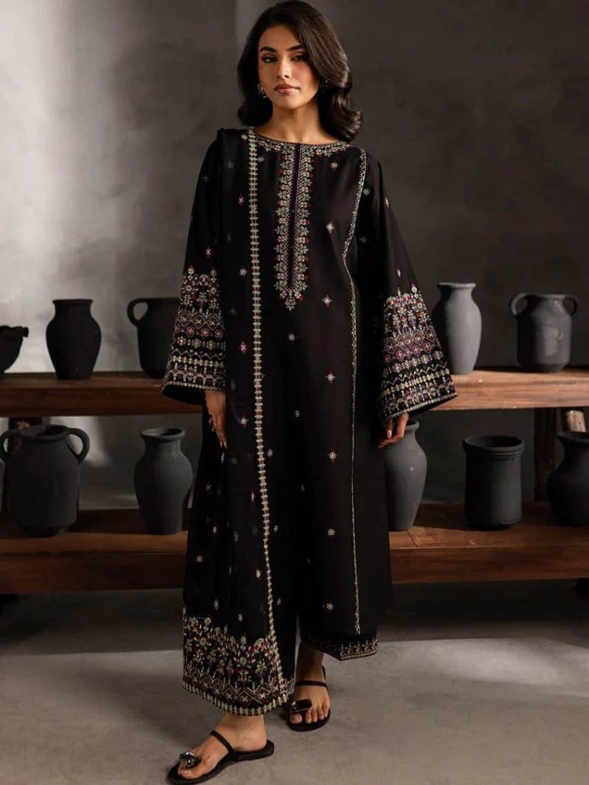 Black-Khubsurat Libas Linen Embroidered Stitched 3-Piece Suit-Black Horiya 