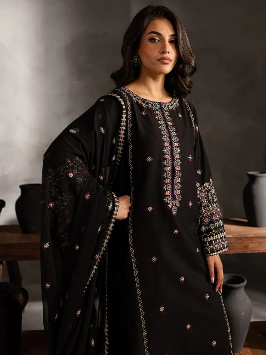 Black-Khubsurat Libas Linen Embroidered Stitched 3-Piece Suit-Black Horiya 