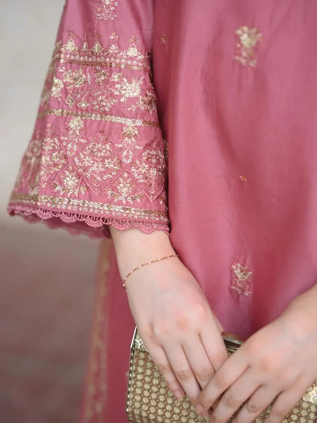 Pink-Khubsurat Libas Linen Embroidered Stitched 3-Piece Suit-Pink 