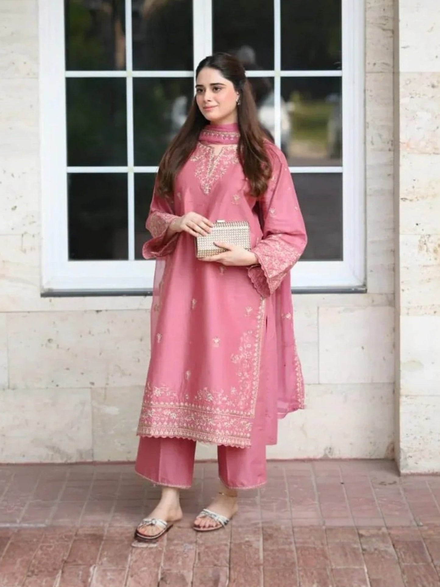 Pink-Khubsurat Libas Linen Embroidered Stitched 3-Piece Suit-Pink 