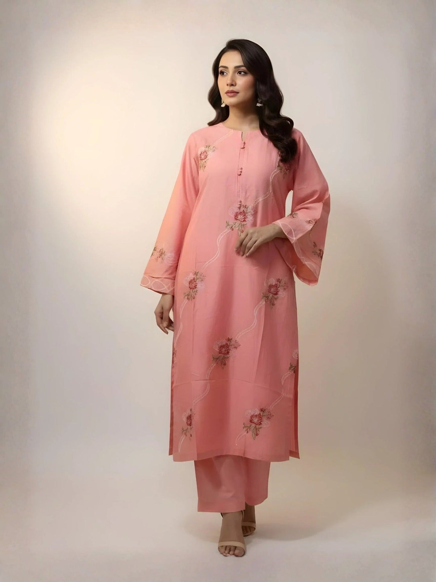 Pink-Khubsurat Libas Linen Embroidered Stitched 2-Piece Suit-Falak-e-Noor 