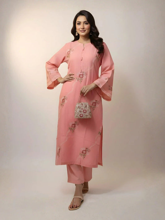 Pink-Khubsurat Libas Linen Embroidered Stitched 2-Piece Suit-Falak-e-Noor 