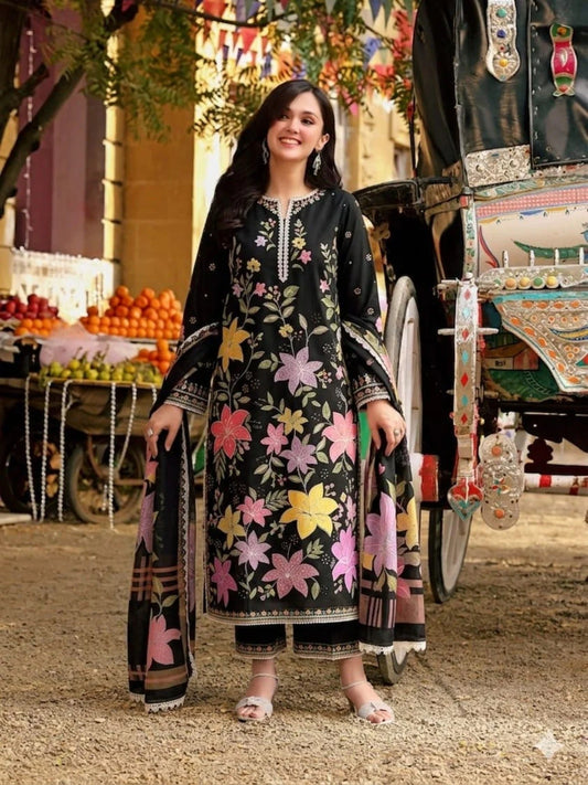 Black-Tawakal Closet Cotton Embroidered Stitched 3-Piece Suit-Florals