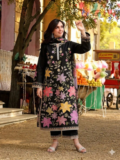 Black-Tawakal Closet Cotton Embroidered Stitched 3-Piece Suit-Florals