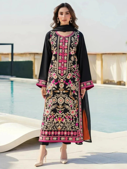 Black-Tawakal Closet linen Embroidered Stitched 3-Piece Suit-Meadow Grace