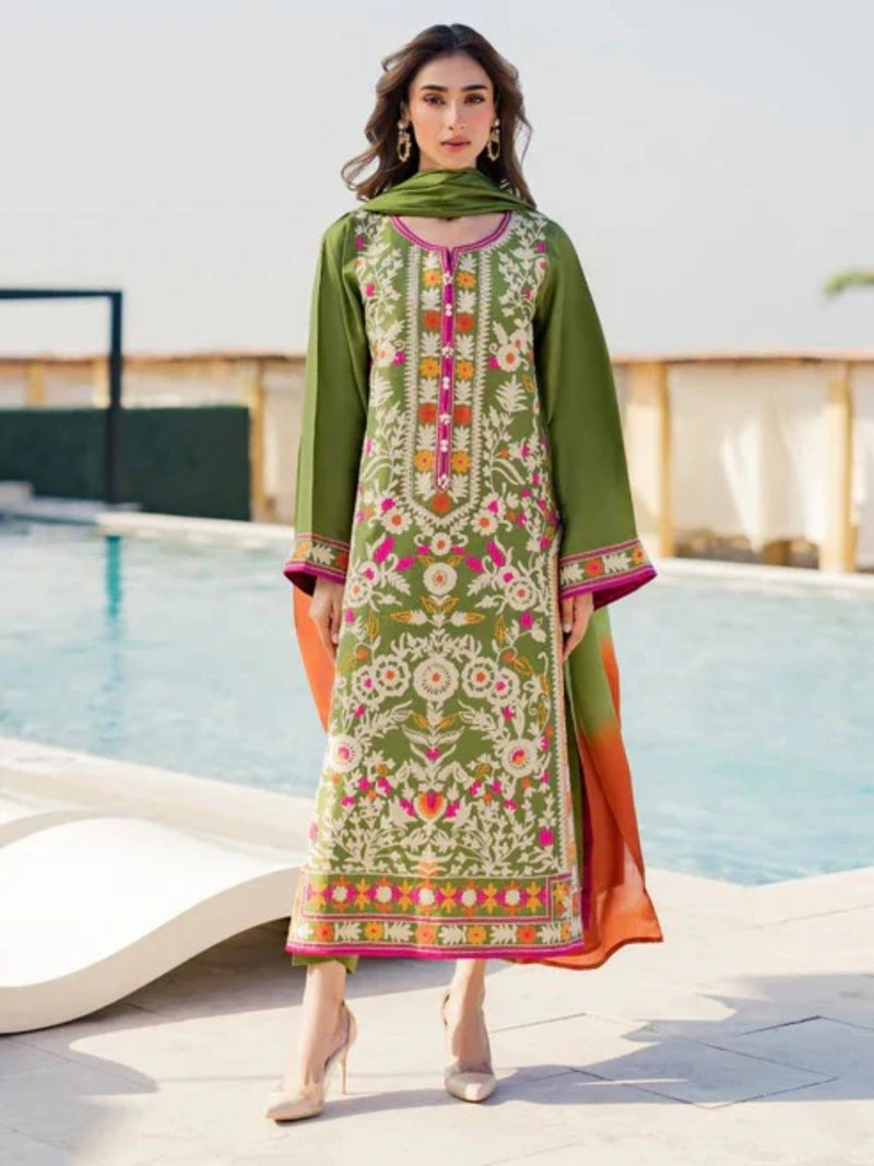 Green Tawakal Closet linen Embroidered Stitched 3 Piece Suit Meadow Grace