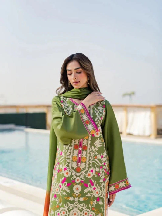 Green-Tawakal Closet linen Embroidered Stitched 3-Piece Suit-Meadow Grace